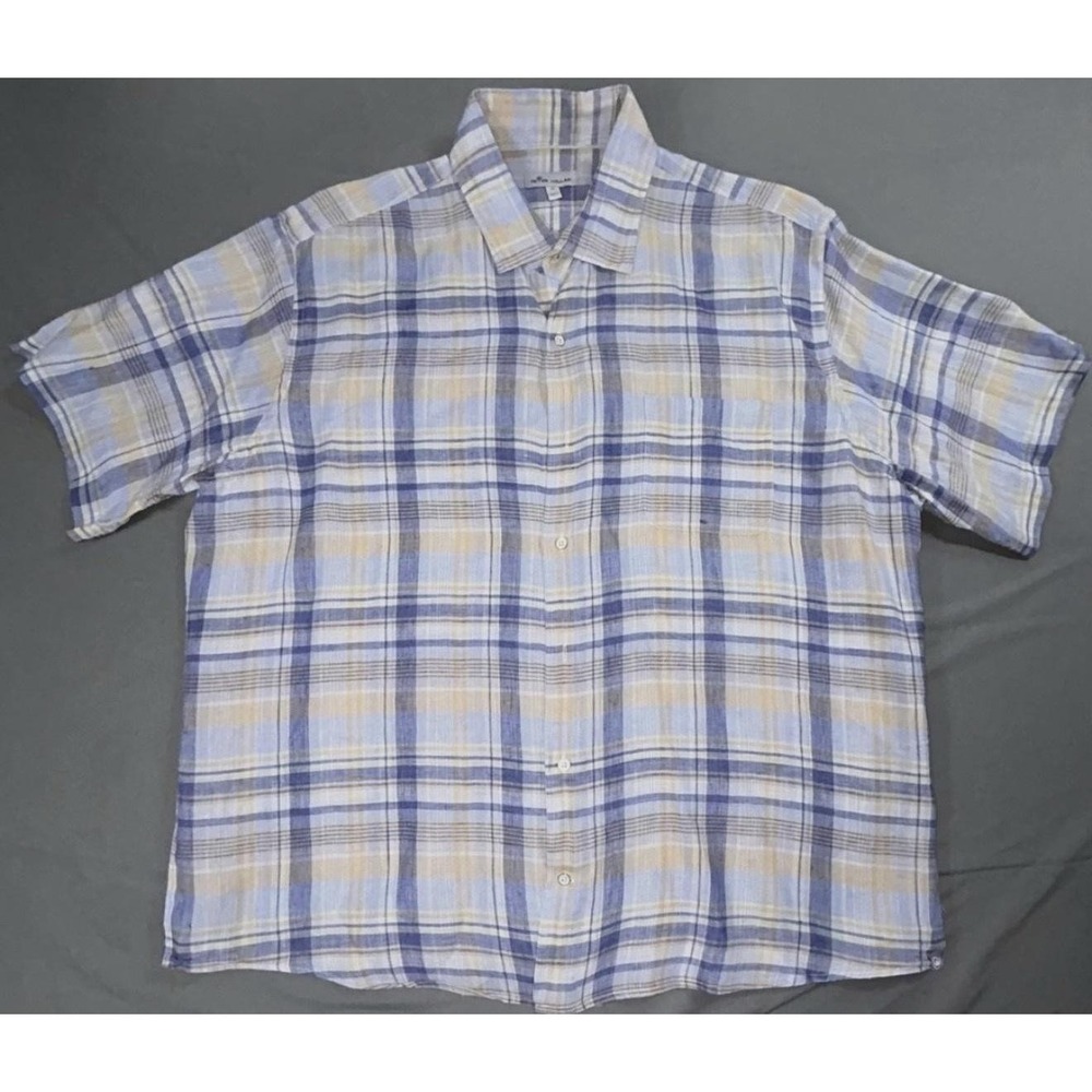 Peter Millar Shirt Mens XL Blue Plaid Linen Short Sleeve Button Up Casual Woven